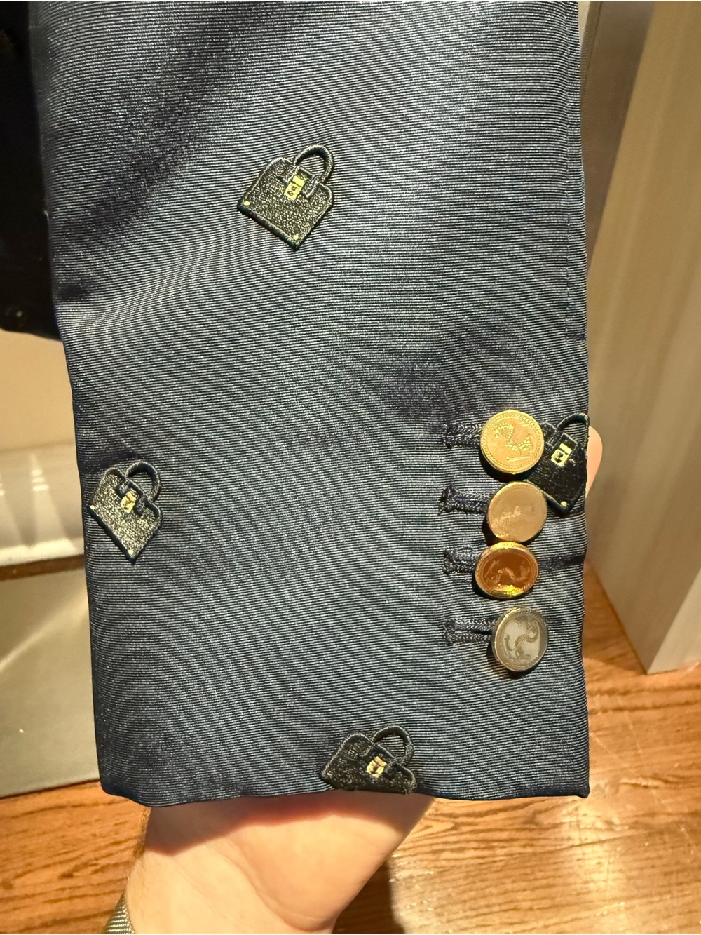 THOM BROWNE Navy Embroidered Double-Breasted Blazer with Gold Buttons - Picture 6 of 10